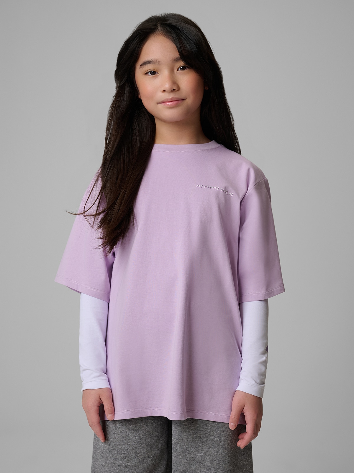 4F T-shirt loose z nadrukiem dziewczęcy - fioletowy 158/164 (12-14 lat)