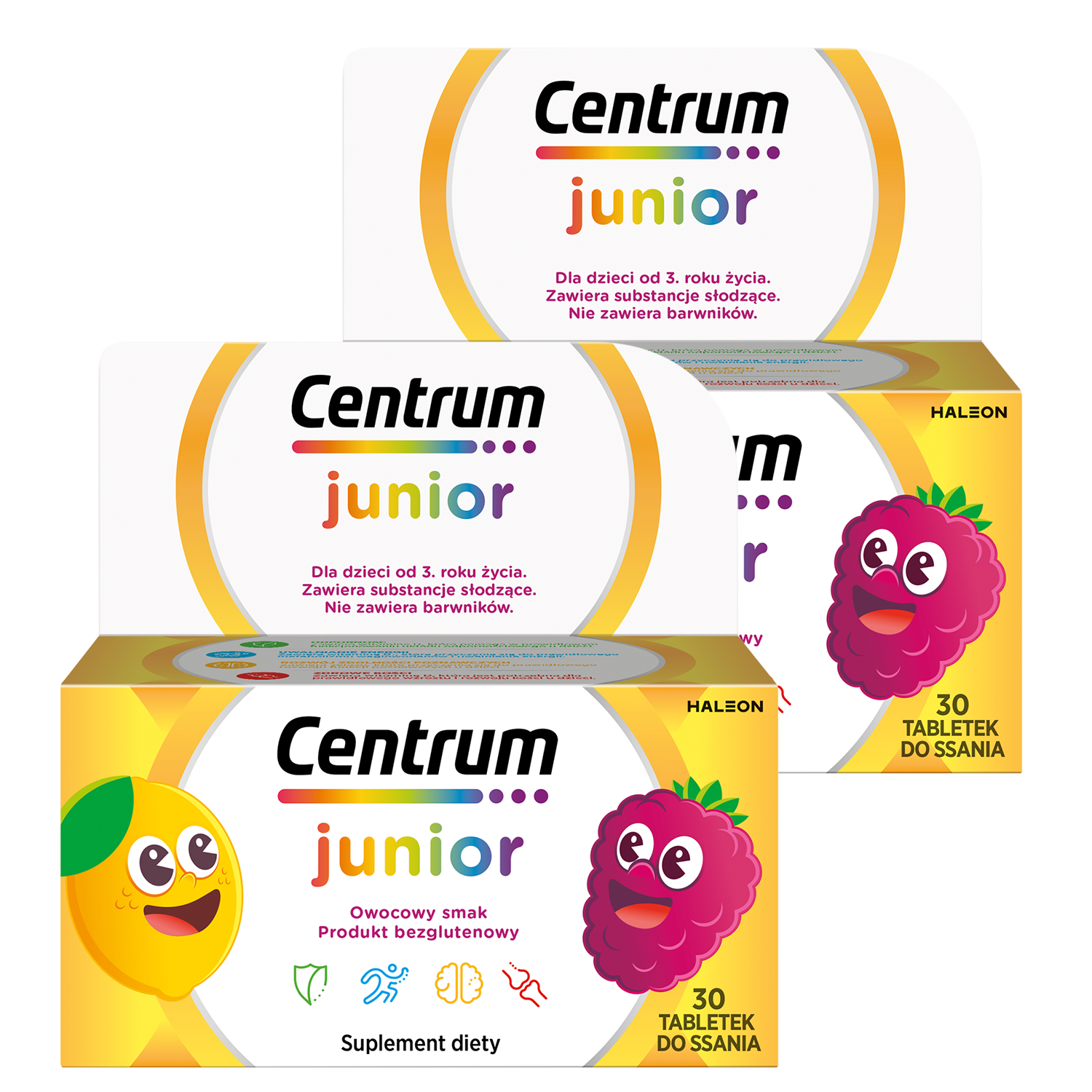 Zestaw Centrum Junior dla dzieci od 3 lat, smak cytrynowo-malinowy, 2 x 30 tabletek do ssania
