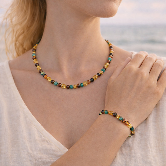 Komplet biżuterii z bursztynu i turkusu - Naszyjnik i bransoletka z bursztynu