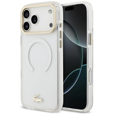 Etui LACOSTE Shockproof Transparent Frosted Gold Logo MagSafe do Apple iPhone 17 Pro Max Biały