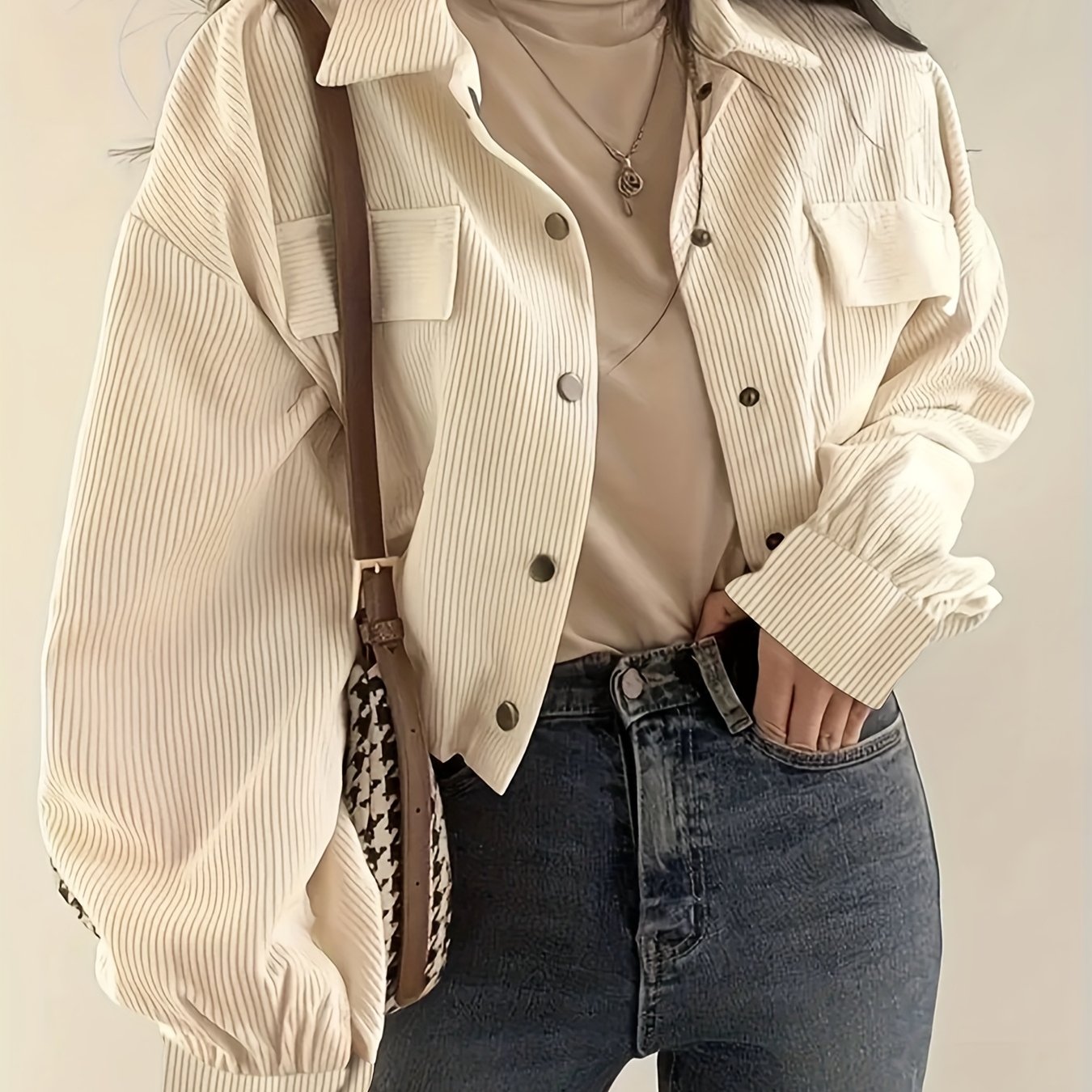 TEMU Koszula w stylu vintage z sztruksu Jednolity , obniżone ramiona, długi rękaw, jednorzędowa, regularny krój na wiosnę/jesień