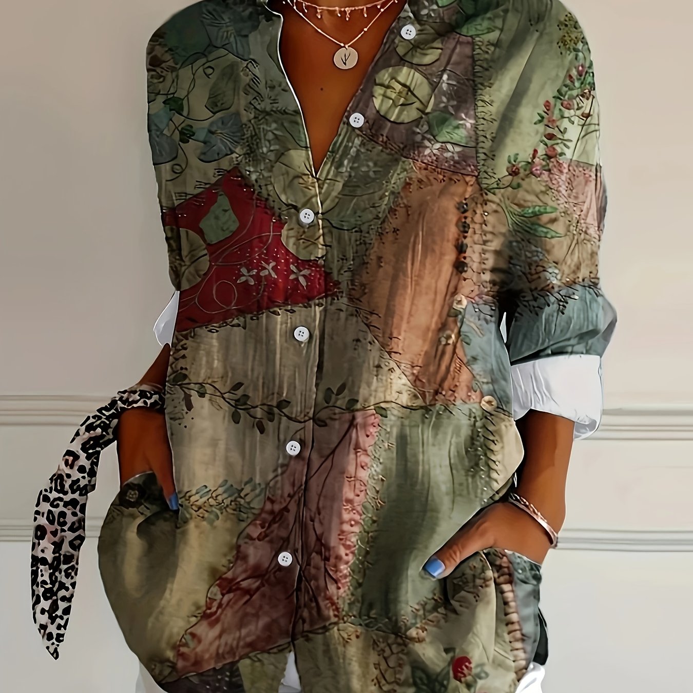 TEMU Europejska i Amerykańska Modna Koszula z Długim Rękawem, Dekoltem w Serek, Nieregularnym Wzorem i Stylu Vintage na Jesień/Zimę