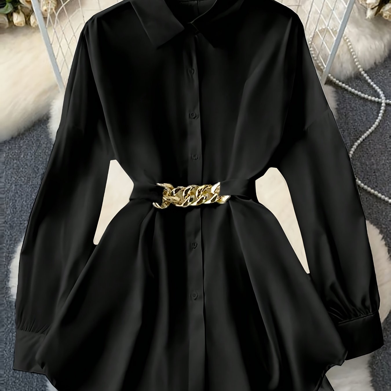 TEMU Czarna koszula damska w stylu francuskim ozdobiona złotym paskiem - bluzka z długim rękawem i ostrym kołnierzykiem, wykonana z wysokiej jakości,