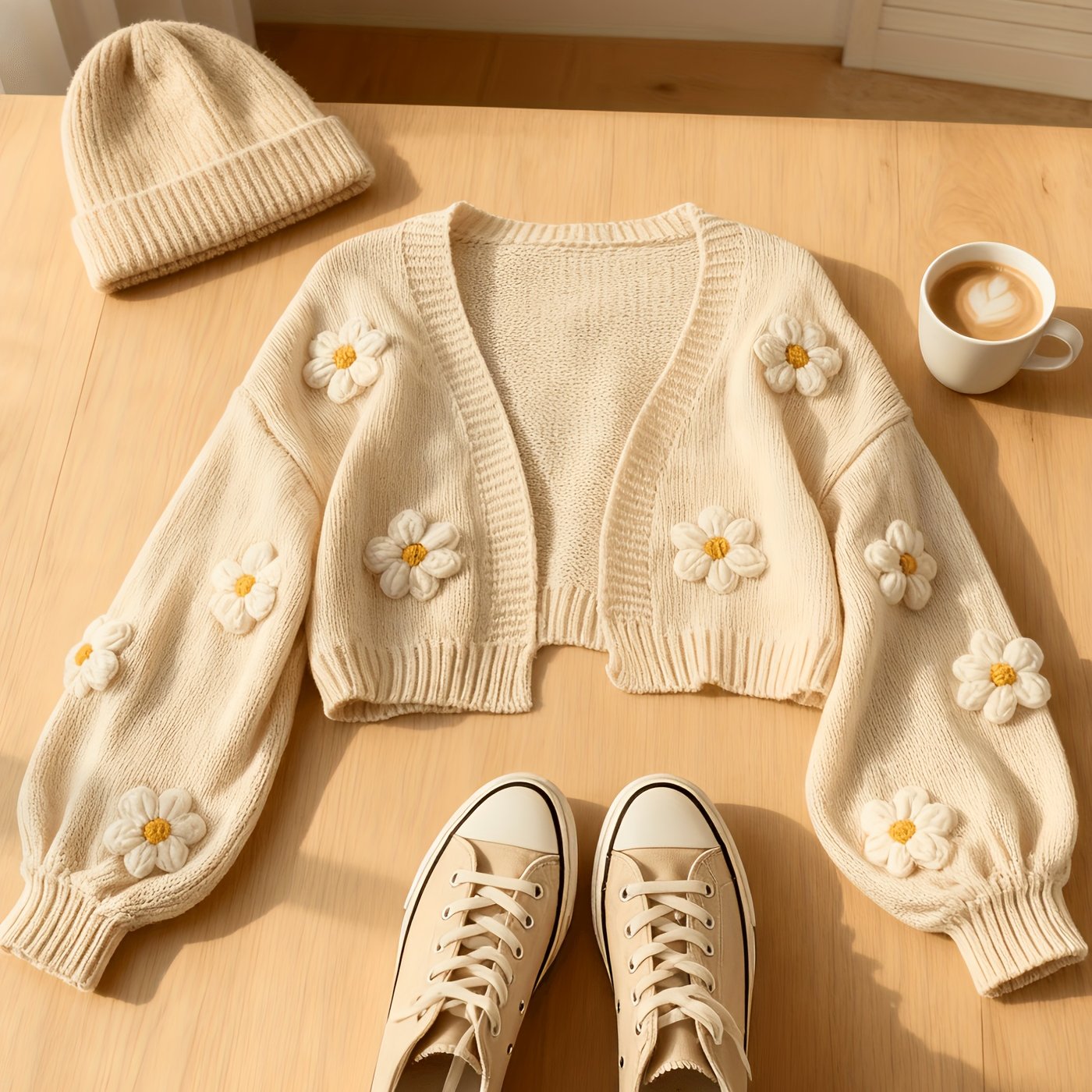 TEMU Damski kardigan w kwiaty - z motywem stokrotki, sweter z długim rękawem o otwartym przodzie na wiosnę/jesień, codzienna i elegancka odzież