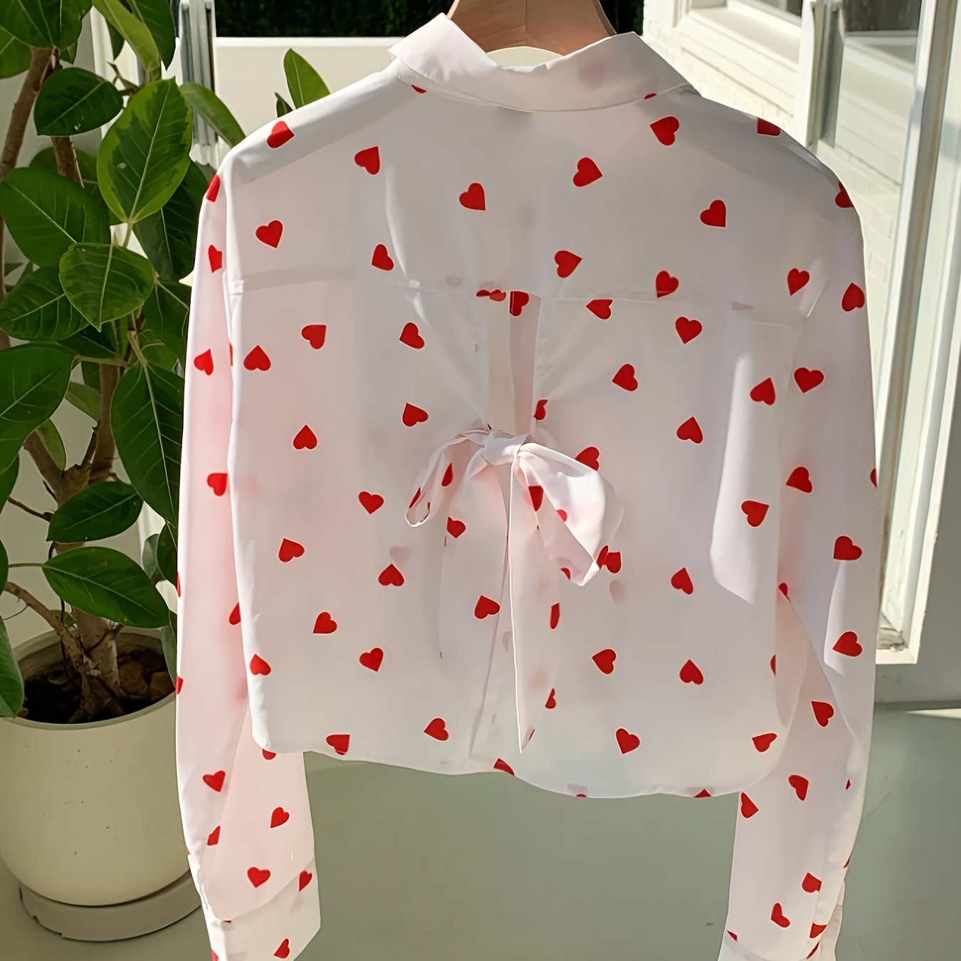 TEMU Elegancka damska bluzka z długim rękawem i nadrukiem z wiązaniem z przodu - swobodna, stylowa koszula z guzikami na wiosnę, , jesień, biała z