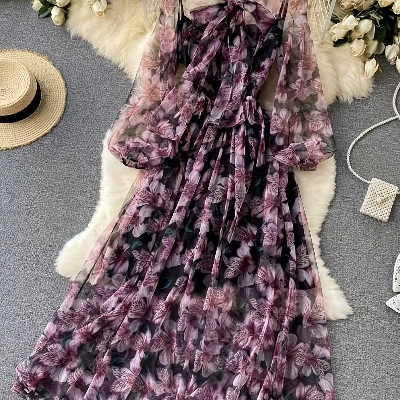 TEMU elegancka sukienka w kwiaty, lekka szifonowa sukienka na wakacje, styl podróżny