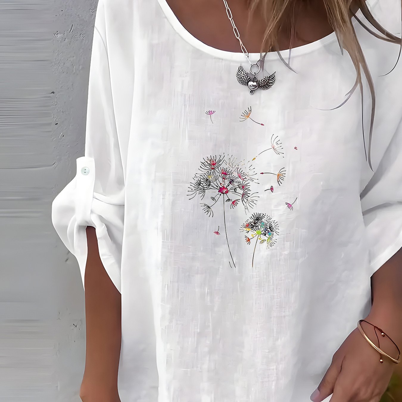 TEMU Europejska i Amerykańska Damska Prosta Kreatywna Nadrukowana Casualowa Bluzka z Okrągłym Dekoltem i Długim Rękawem, Jednoczęściowa Koszula