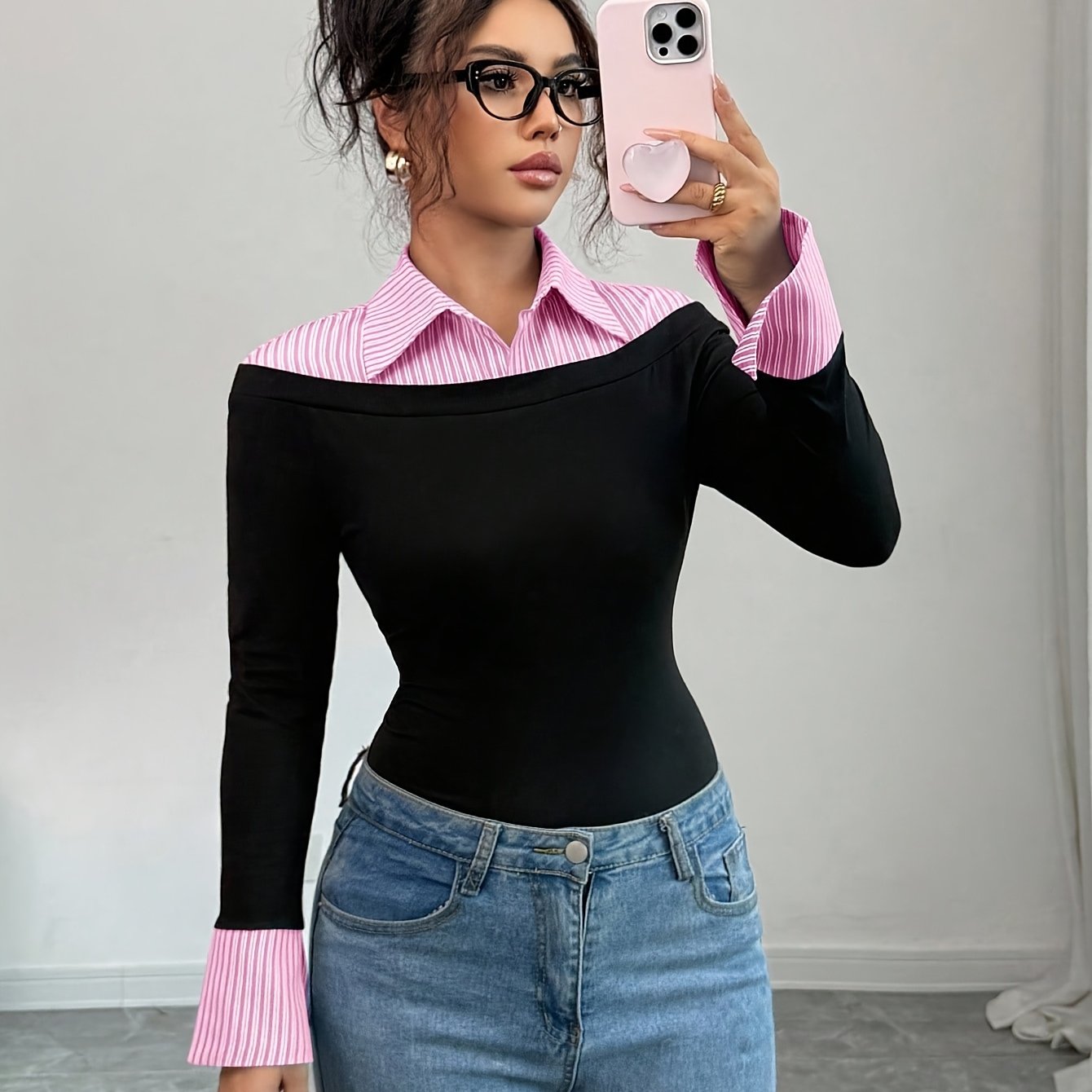 TEMU 2025 Jesień/ Dopasowana Koszula z Kołnierzykiem Dwa w Jednym, Długi Rękaw, Vintage Kolorowy Kołnierzyk, Dopasowana Seksowna Koszulka z Długim