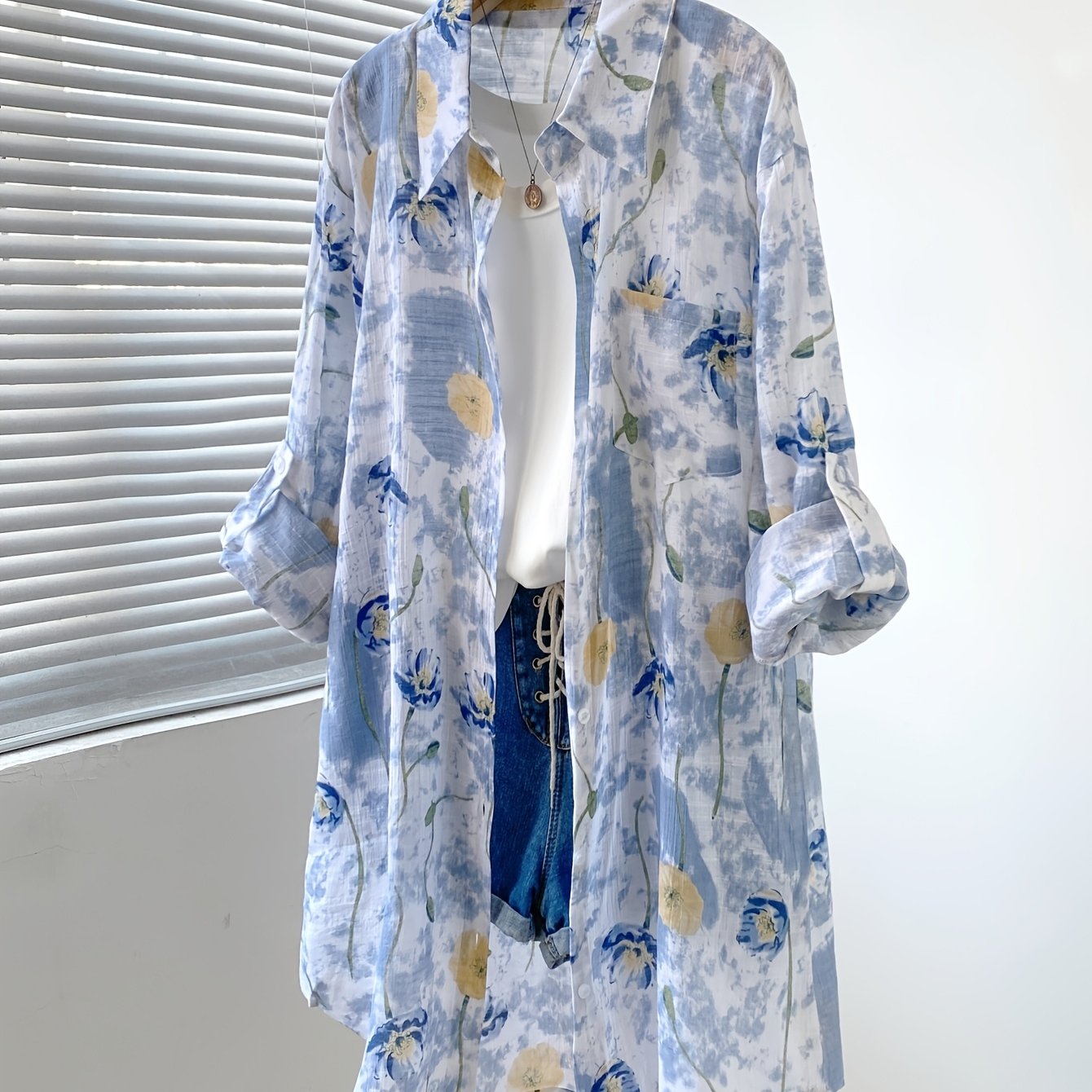 TEMU Damski Nadrukowany Żakiet z Otwartym Kołnierzem i Zapięciem na Guziki, Średniej Długości Luźny Krój Casualowa Wszechstronna Kurtka z Długim