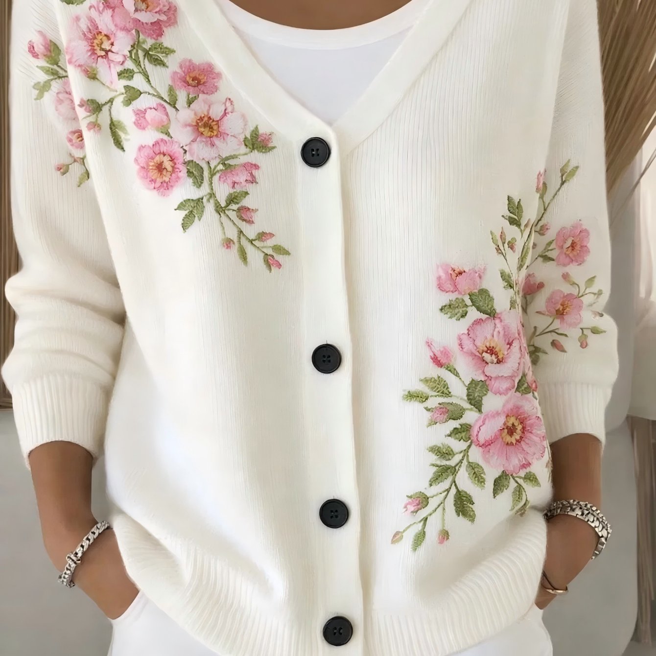 TEMU Elegancki Różowy Kardigan Damski z Kwiatowym Wzorem, Dekoltem V i Zapięciem na Guziki Luźny Krój, Modny Wzór Akwareli z Różami, Warstwowa