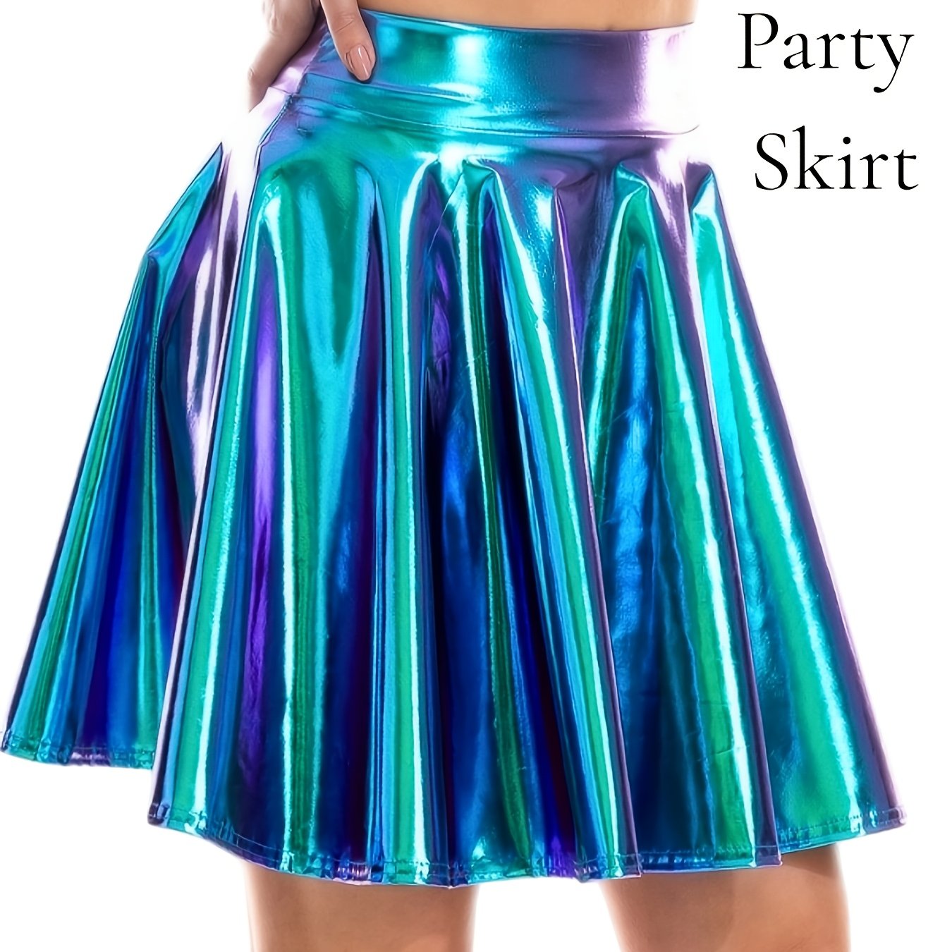 TEMU Holograficzna Srebrna Spódniczka Damska Elegancka Holograficzna Mini Spódniczka, Odzież Klubowa, Odzież na Imprezę, Spódniczka do Tańca, Damska