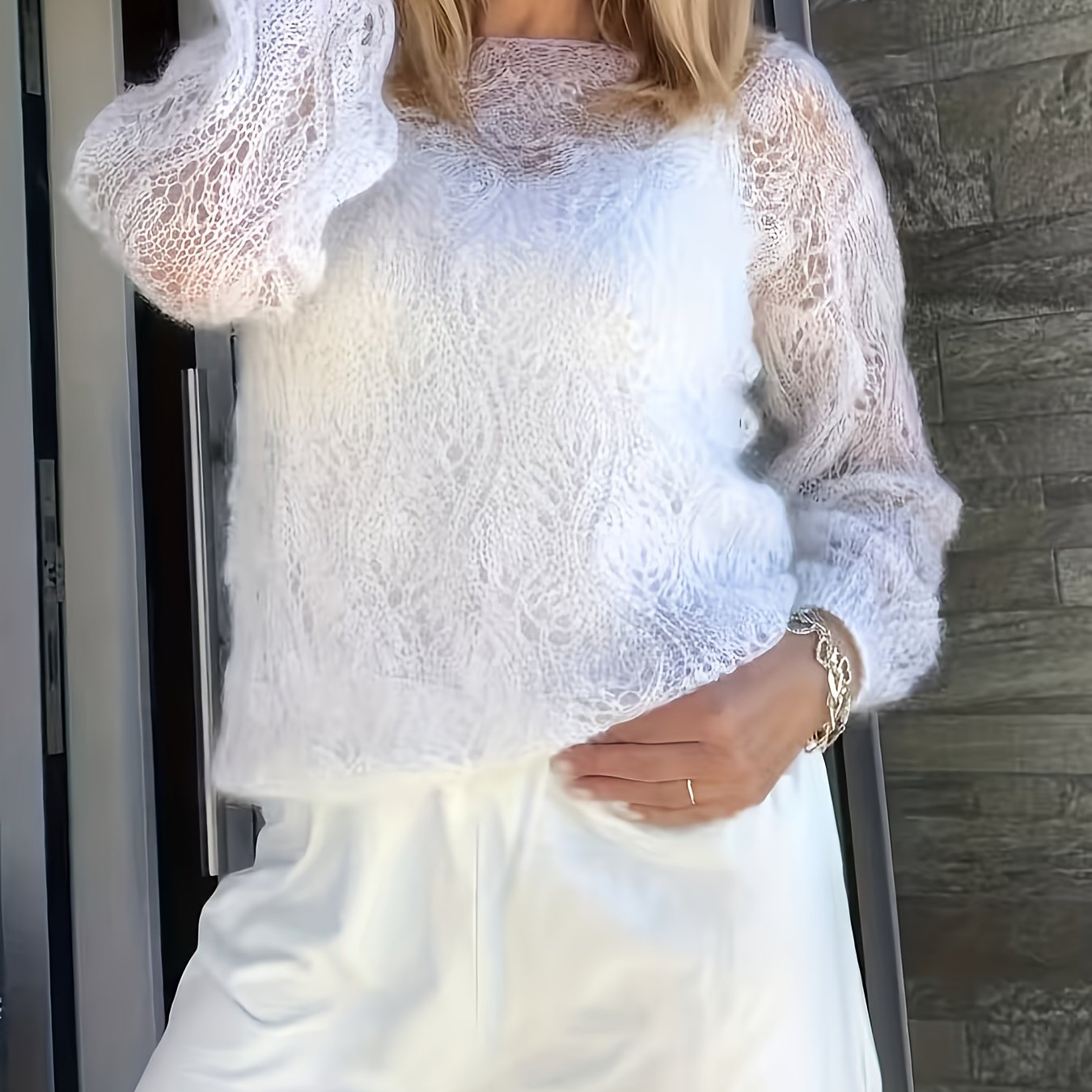 TEMU Sweter damski w jednolitym kolorze, elegancki z okrągłym dekoltem, miękki i wygodny, z koronkowymi wycięciami w stylu boho, codzienny strój,