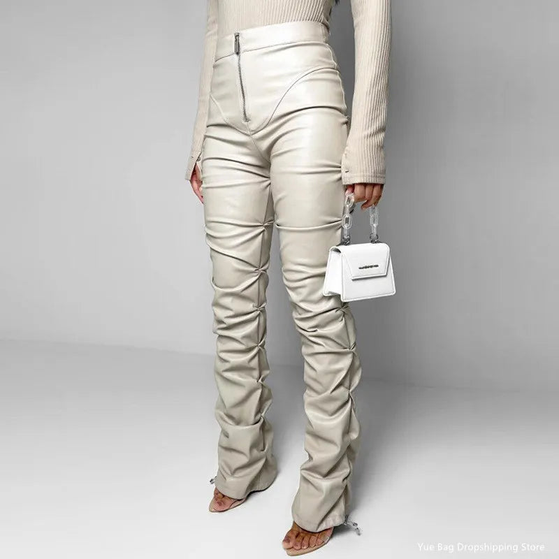 Spodnie skórzane damskie marszczone - Kremowy S