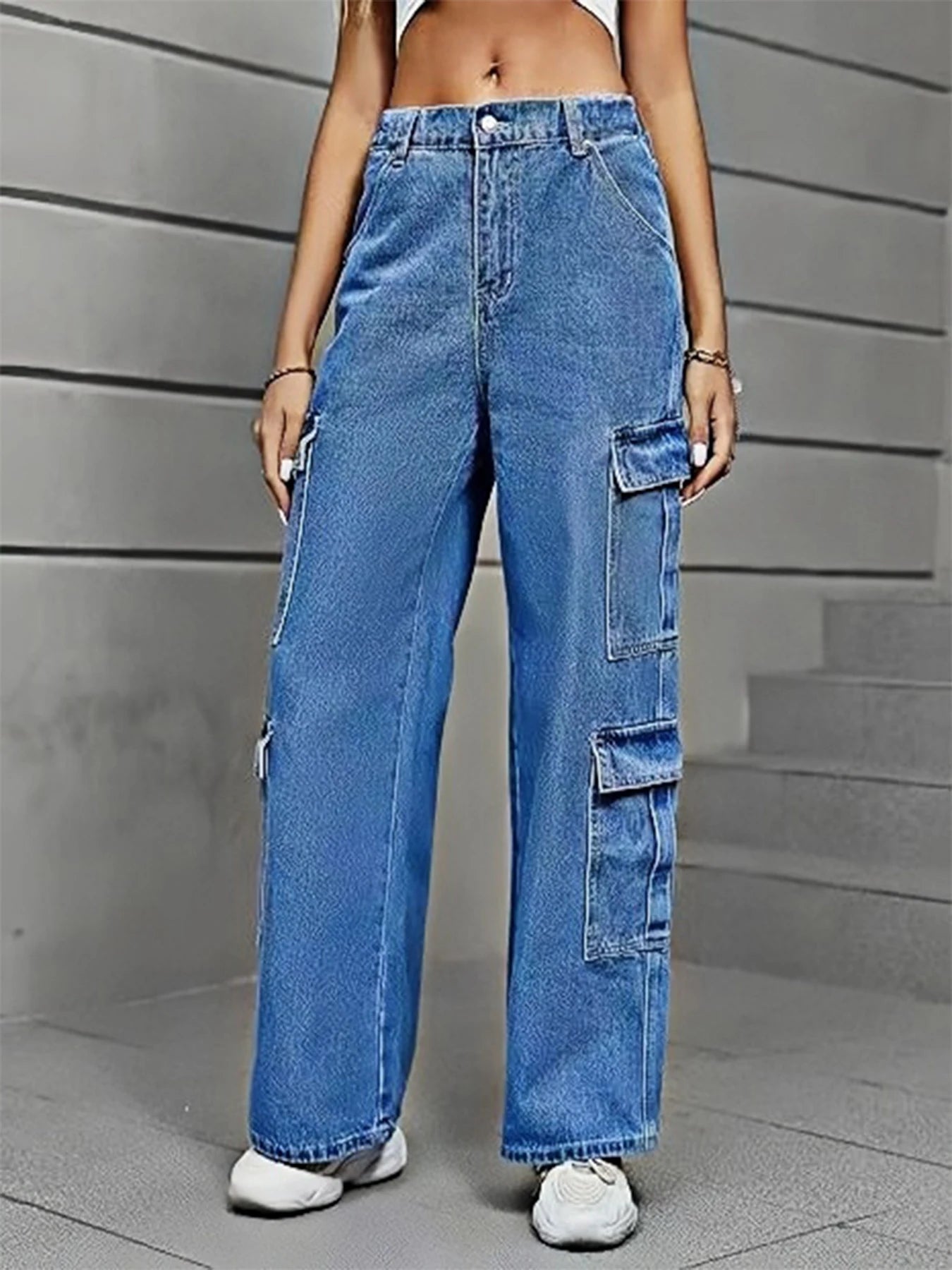 Damskie spodnie jeansowe bojówki - Niebieski XS