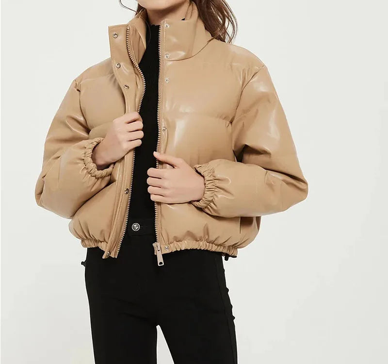 Skórzana zimowa kurtka damska - Beżowy S