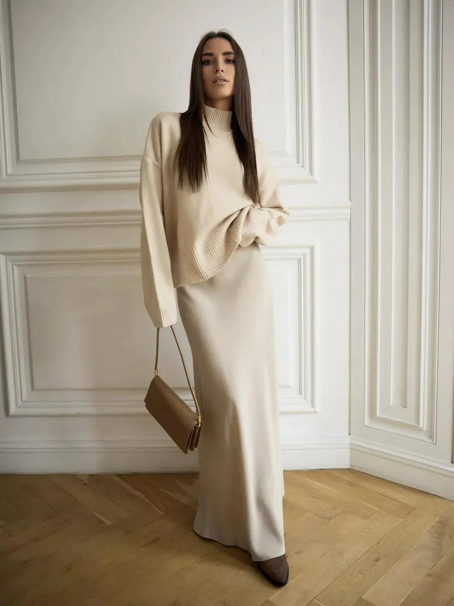 Satynowa elegancka spódnica maxi - Beżowy S