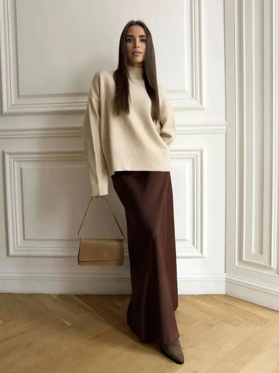 Satynowa elegancka spódnica maxi - Brązowy S