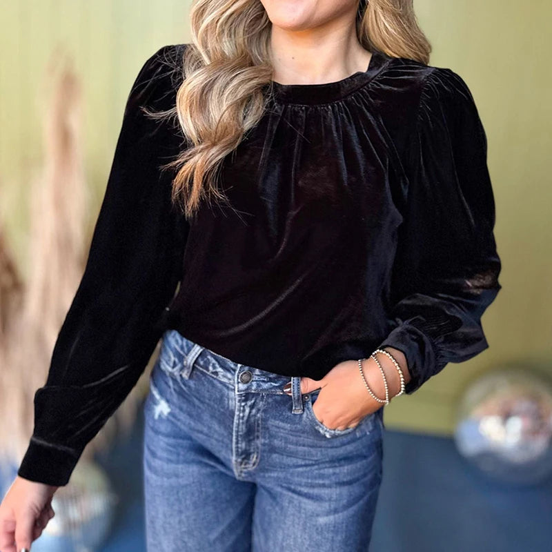 Welurowa damska bluzka z długim rękawem - Czarny S