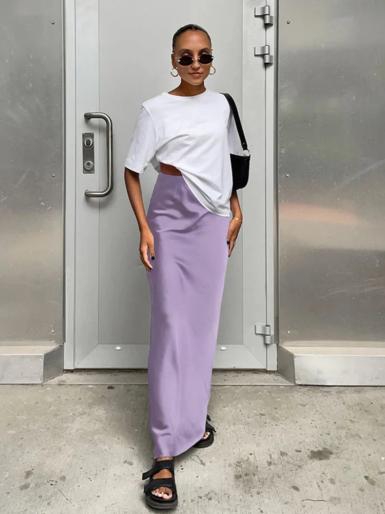 Satynowa długa spódnica - Fioletowy S