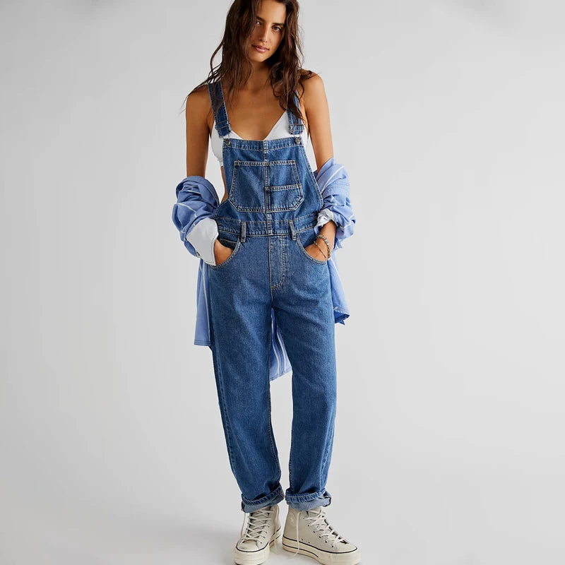 Damskie ogrodniczki jeansowe - Niebieski S