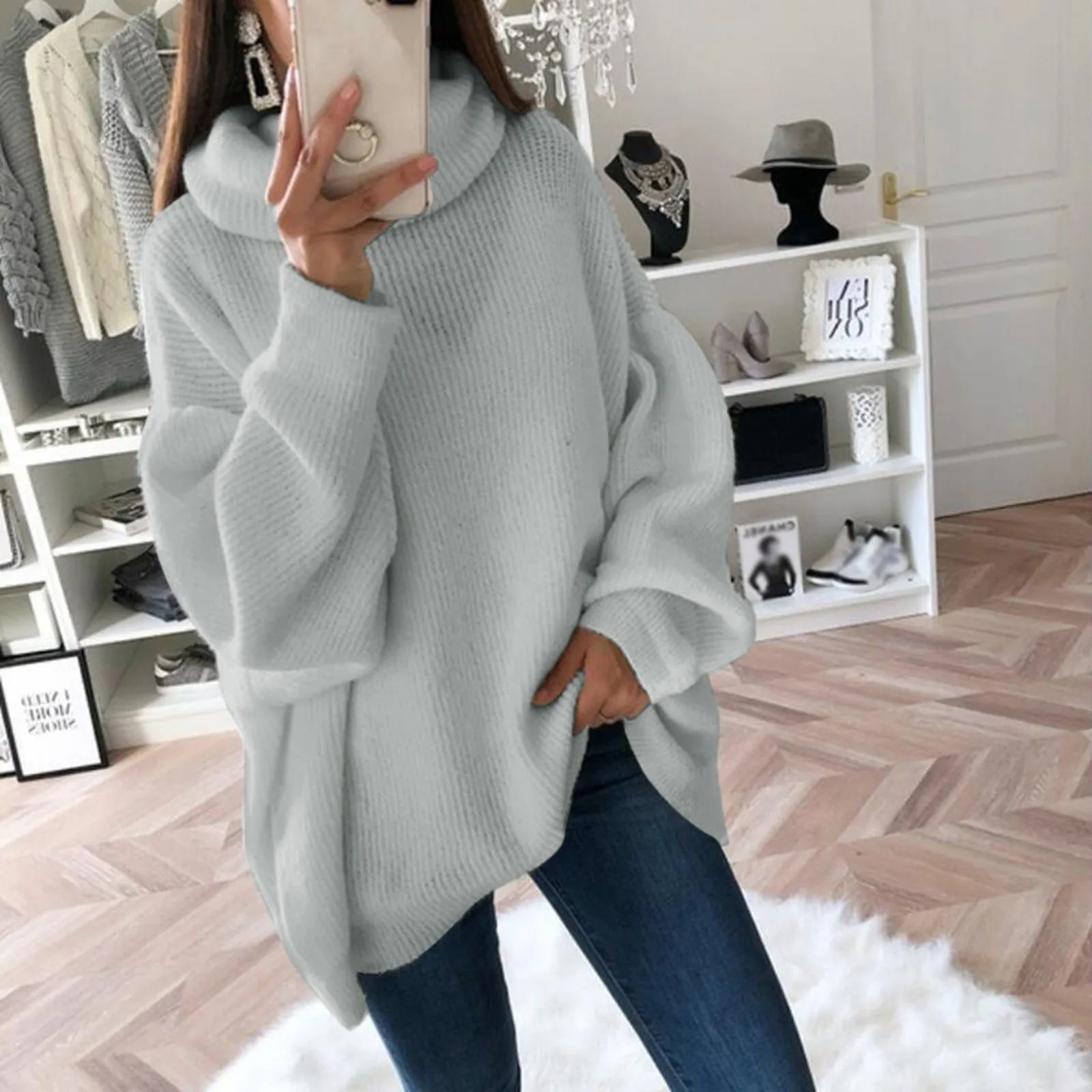 Sweter damski oversize z golfem - Szary S