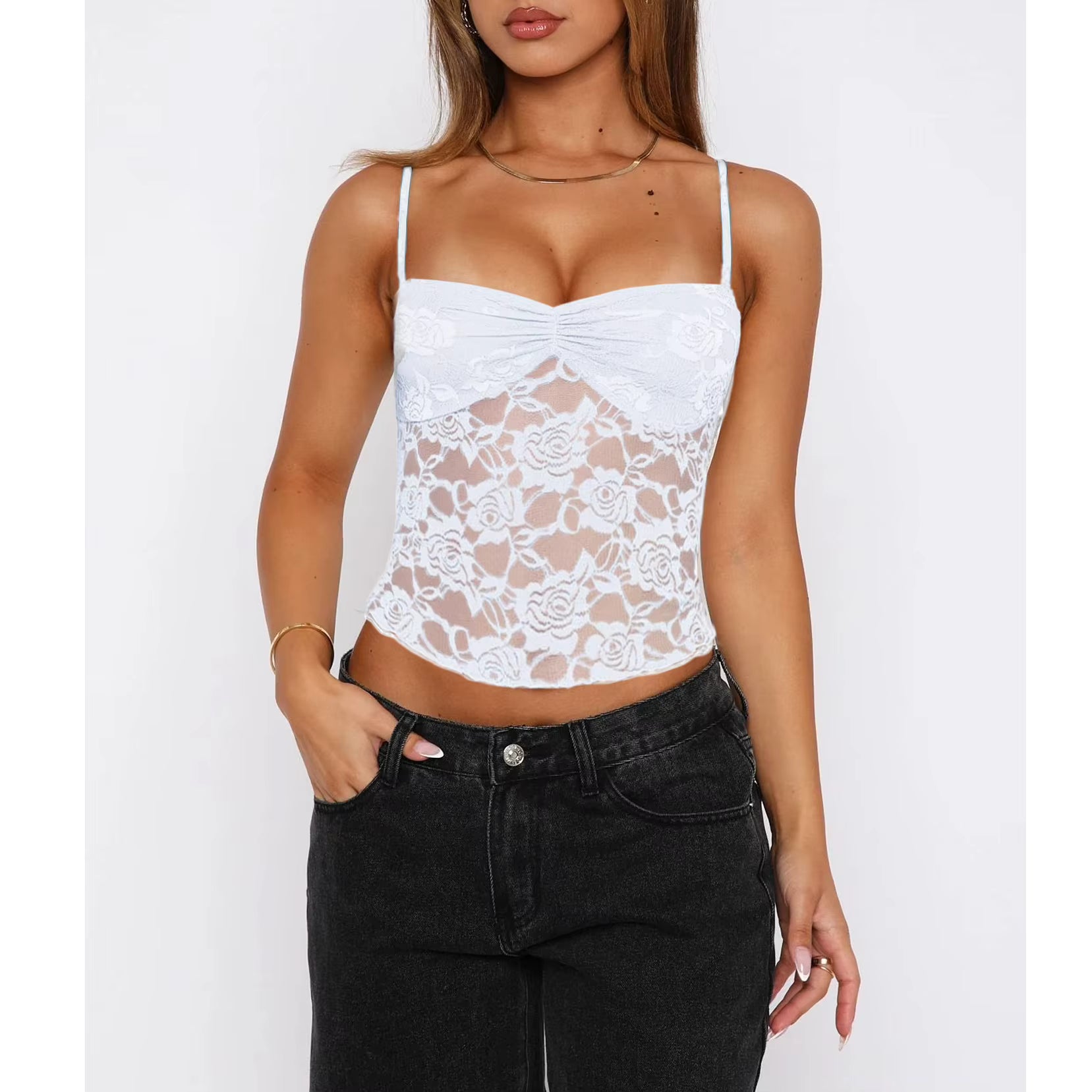 Koronkowy top damski na ramiączkach - Biały S