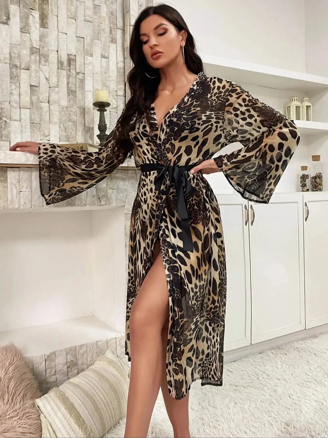 Długi szlafrok damski w panterkę - Brązowy S