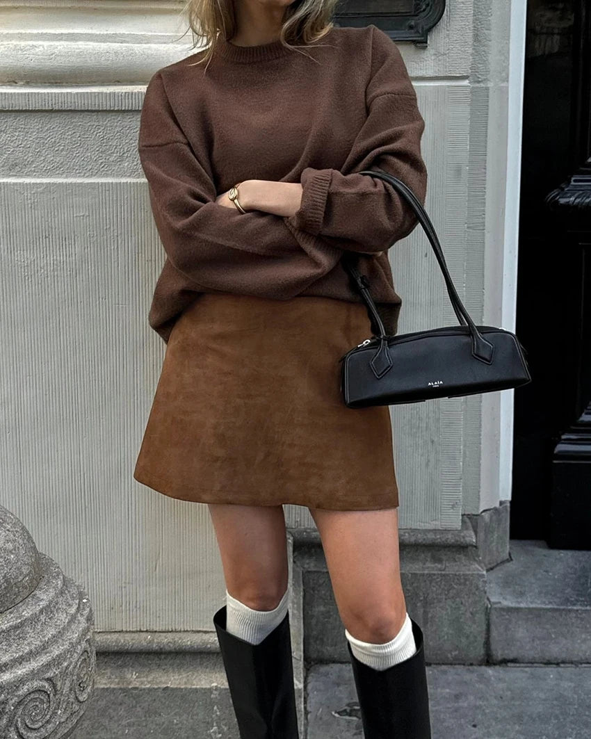 Zamszowa spódnica mini - Brązowy S