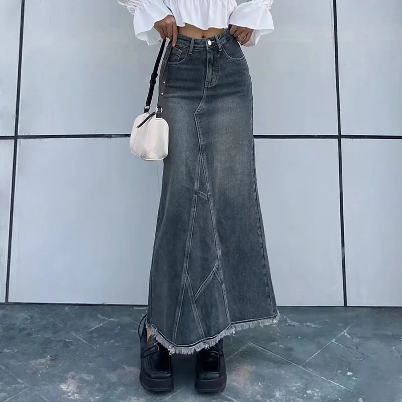 Retro spódnica jeansowa maxi - Niebieski S