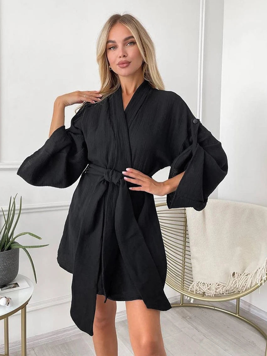 Muślinowy szlafrok damski - Czarny S