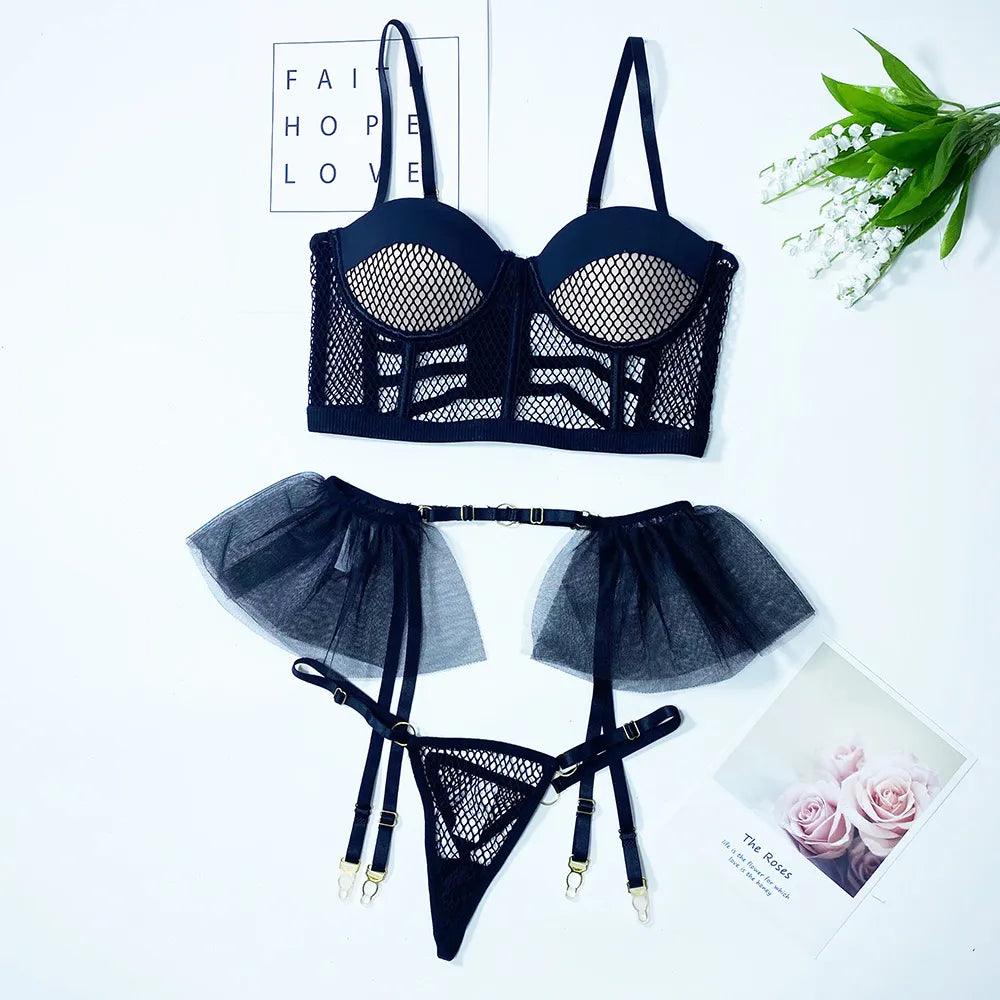 3-częściowy komplet bielizny bralette z falbanką - Czarny S