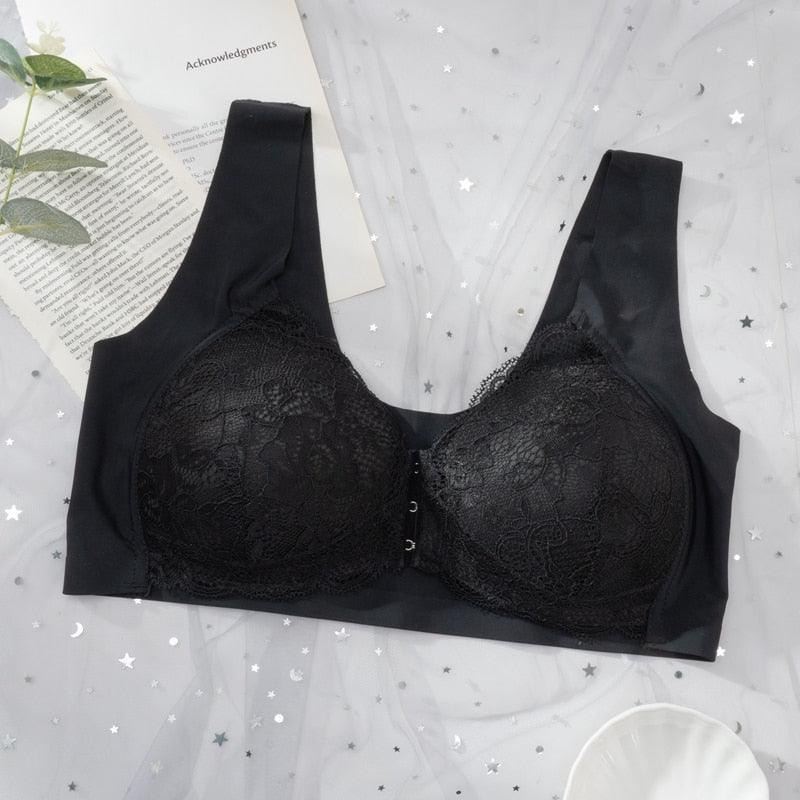 Biustonosz zapinany z przodu z koronkową wstawką - Czarny 2XL