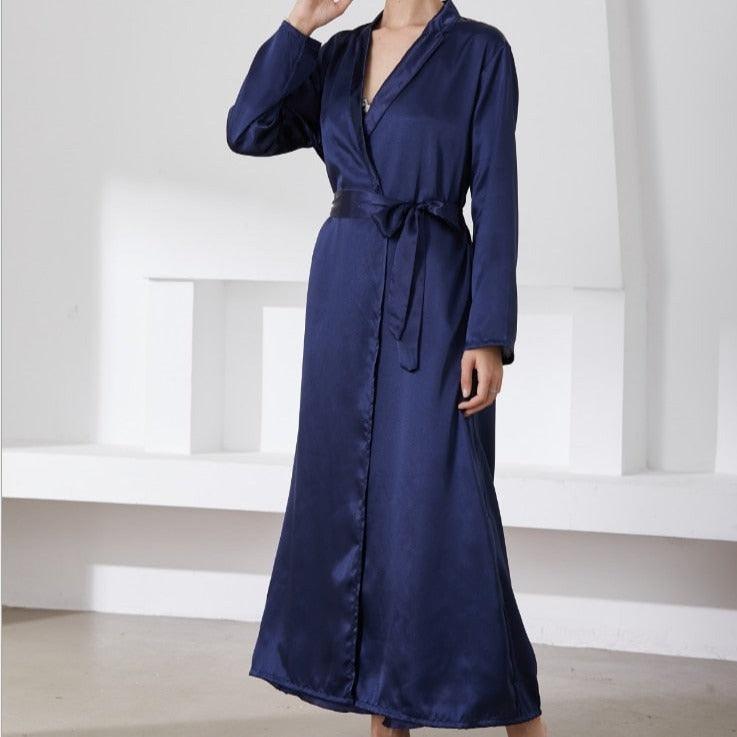 Długi satynowy szlafrok - Granatowy S/M