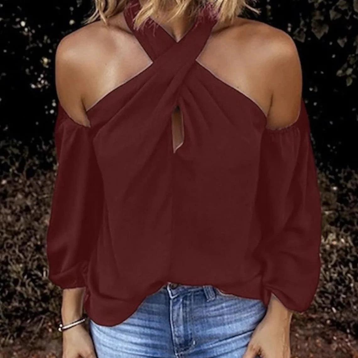 Bluzka damska cold shoulder - Bordowy S