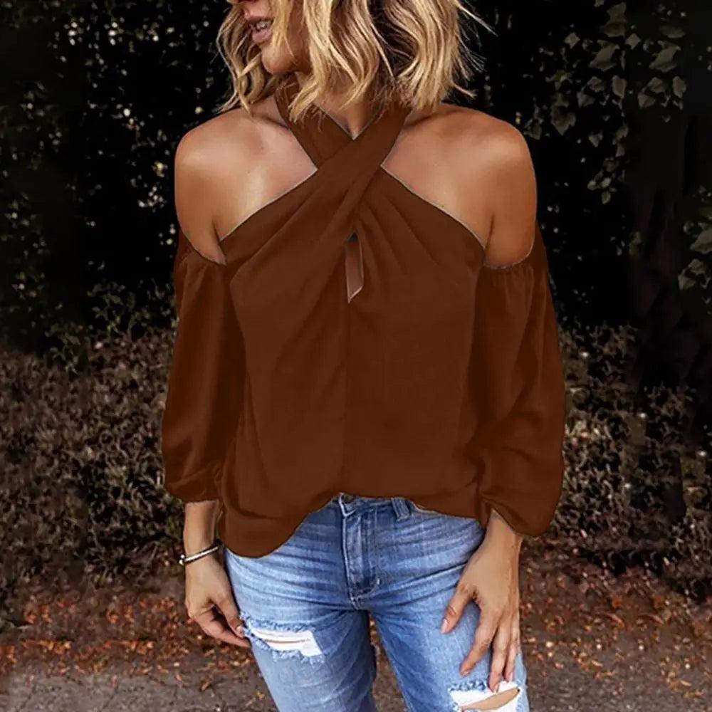 Bluzka damska cold shoulder - Brązowy S