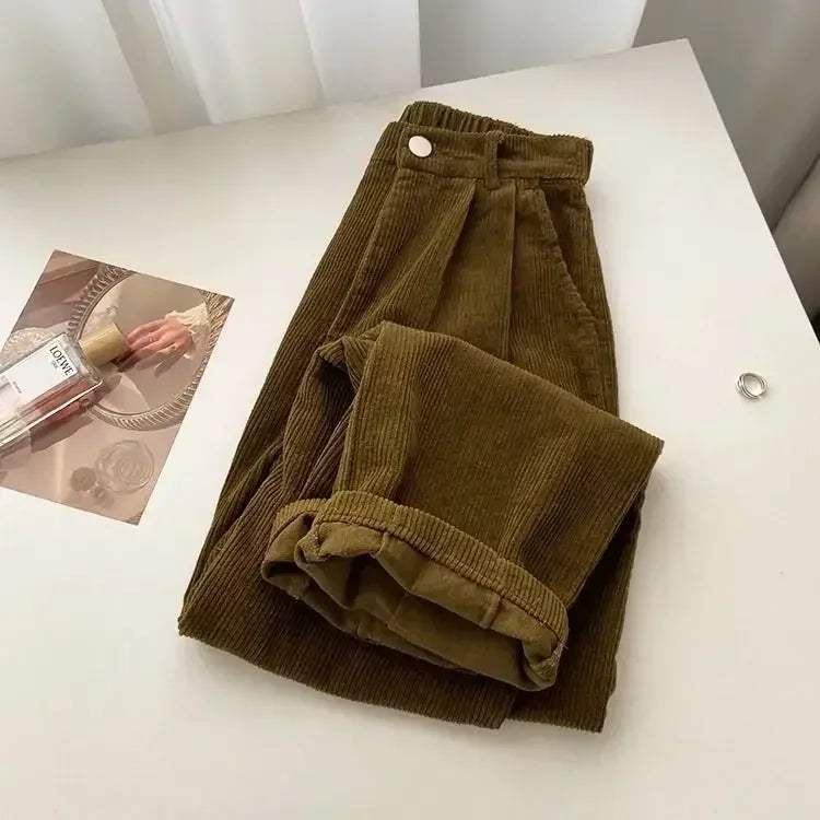 Damskie sztruksowe spodnie typu baggy - Khaki S