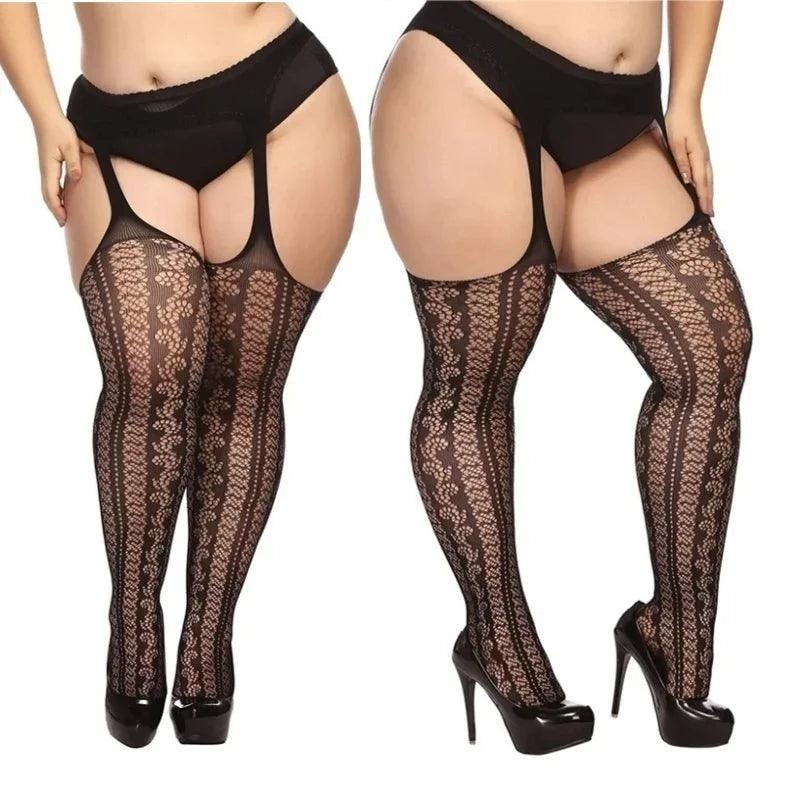 Pończochy plus size z pasem - Czarny Plus size