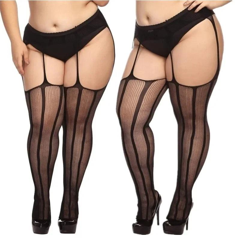 Pończochy w paski plus size - Czarny Uniwersalny