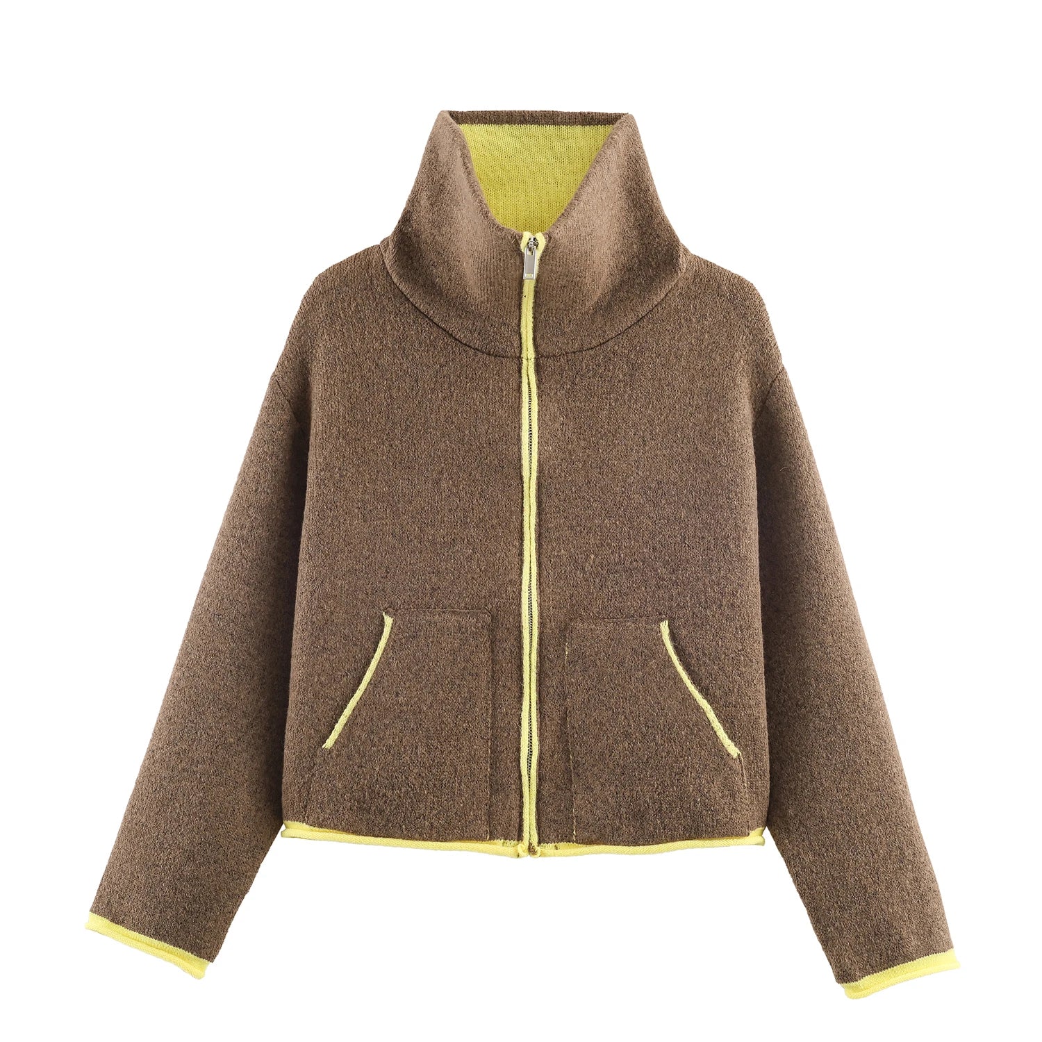 Damska dzianinowa kurtka z lamówkami - Brązowy S