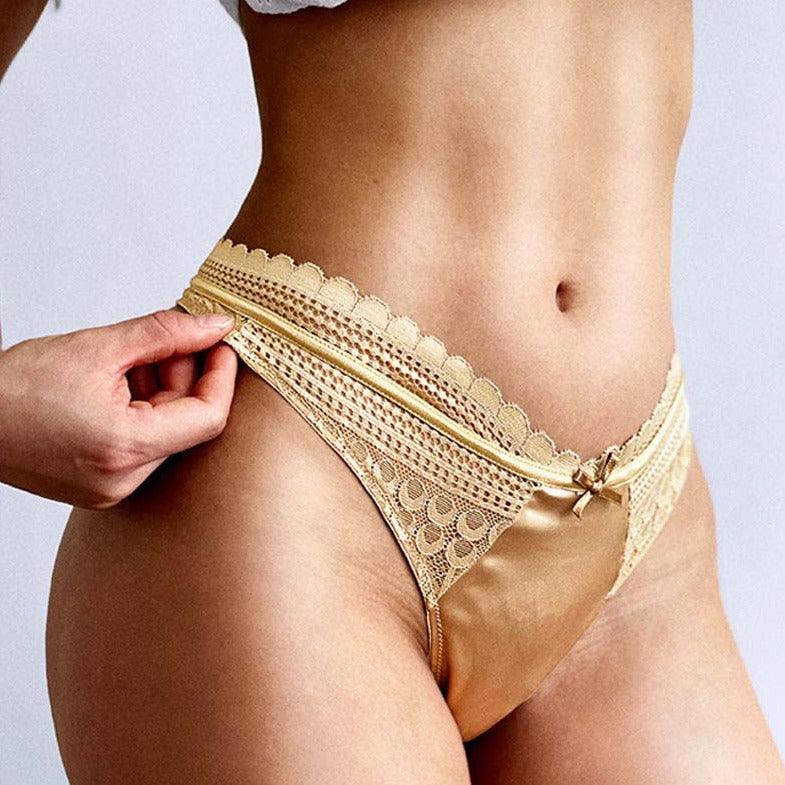 Satynowe stringi z koronką - Beżowy S