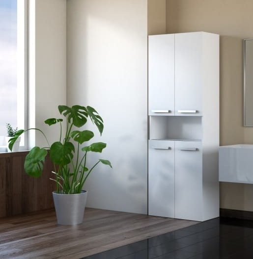 Biały regał łazienkowy z koszem na pranie Umeblowana.com