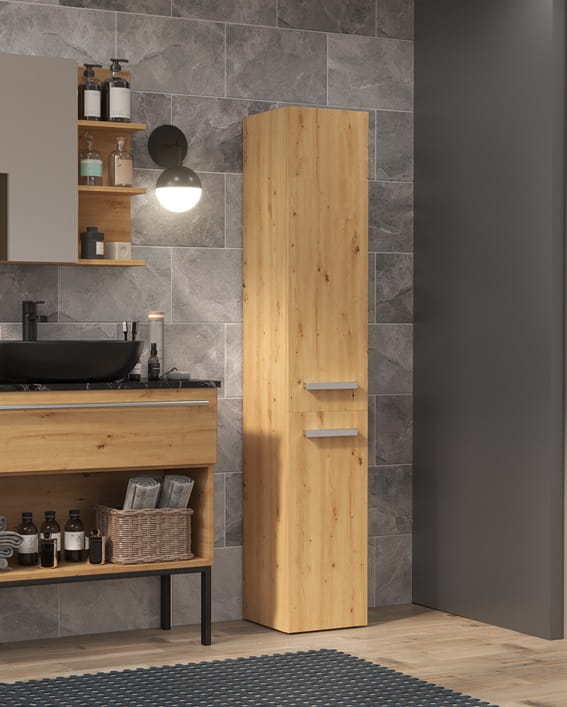 Wąski regał łazienkowy słupek z koszem artisan Umeblowana.com