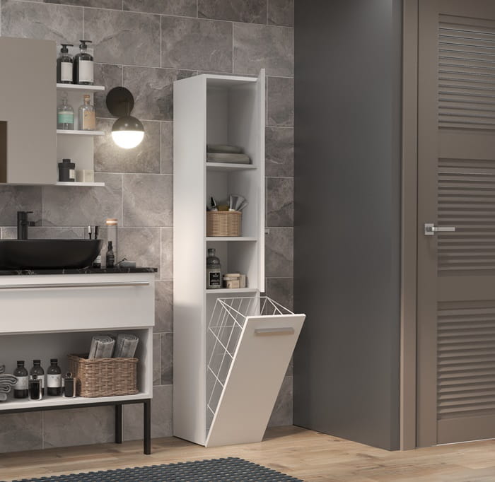 Biała szafka łazienkowa z koszem na pranie Umeblowana.com