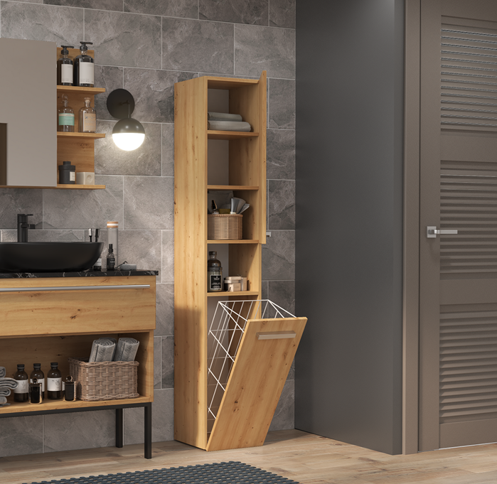 Szafka łazienkowa z koszem dąb artisan Umeblowana.com