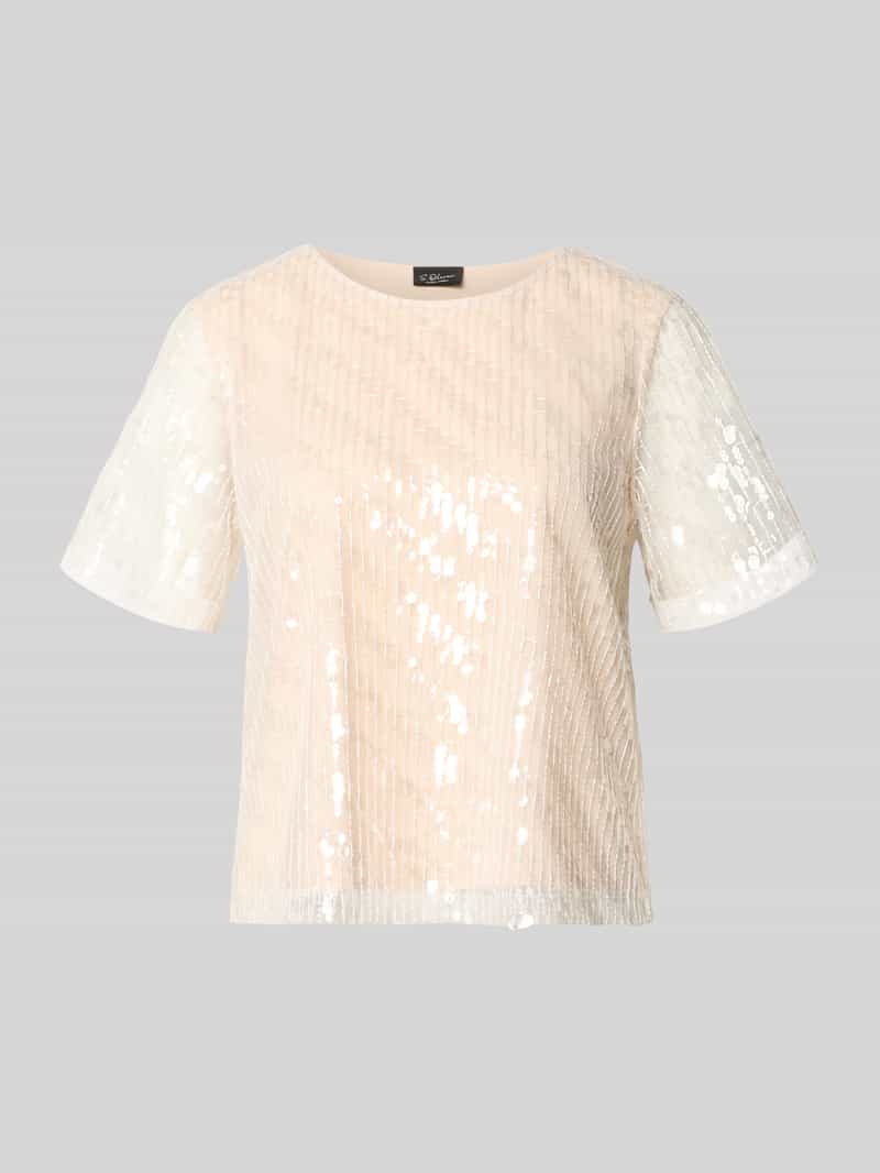 damski t-shirt o kroju regular fit z cekinowym obszyciem