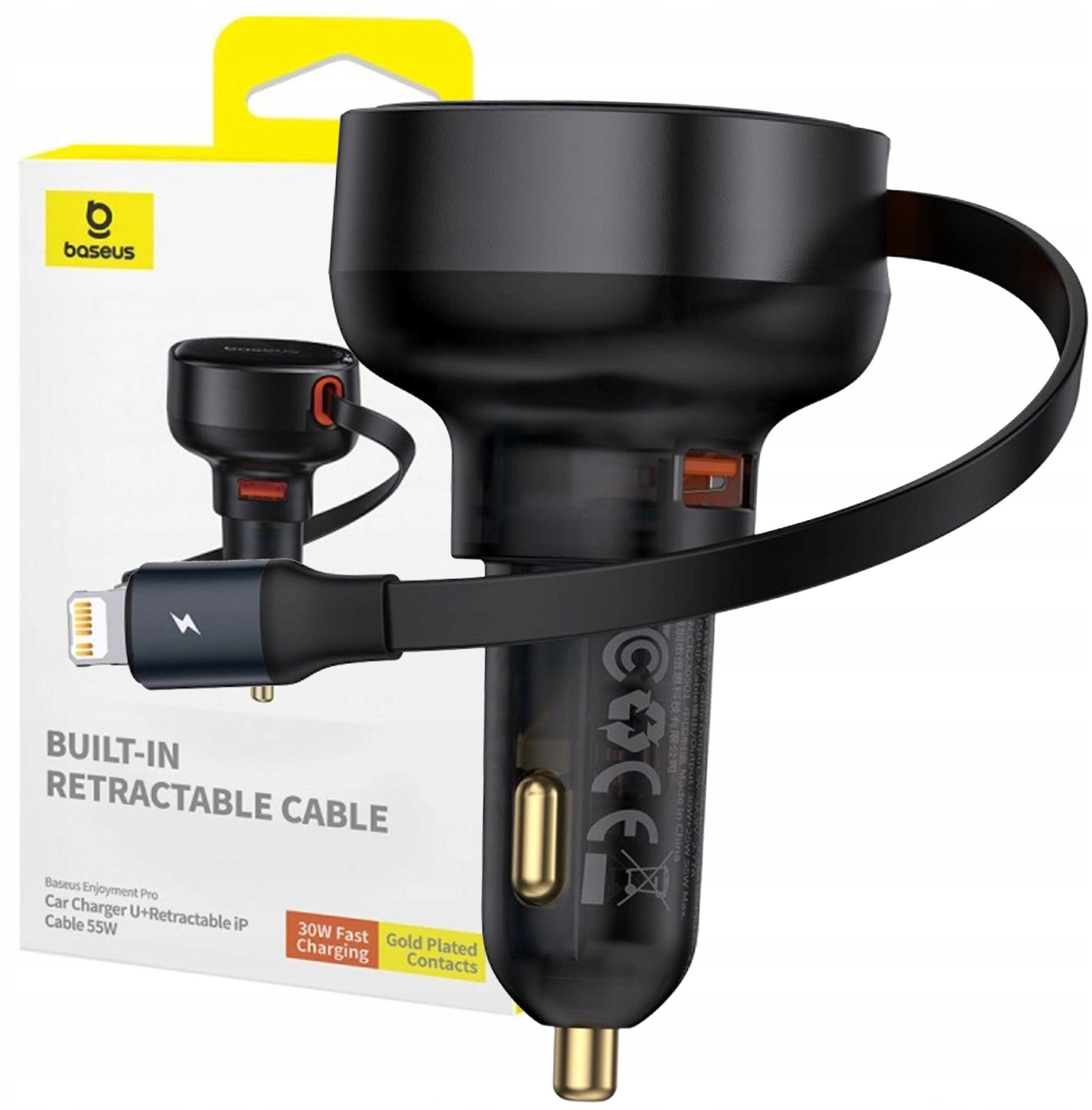 Ładowarka Baseus Ładowarka samochodowa Baseus Enjoyment Pro 55W USB-A ze zwijanym kablem Lightning - czarna