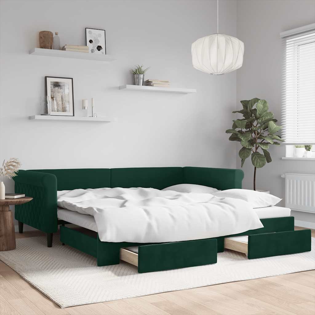 VidaXL Sofa rozsuwana z szufladami, ciemnozielona, 100x200 cm, aksamit