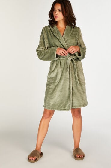 Hunkemöller Krótki szlafrok z prążkowanego polaru Zielony