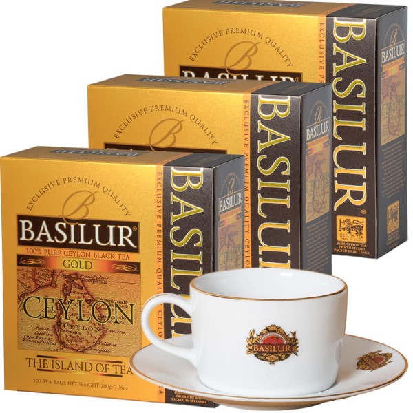 BASILUR Ceylon Gold Zestaw 3x 100x2g herbata ekspresowa + Filiżanka GRATIS