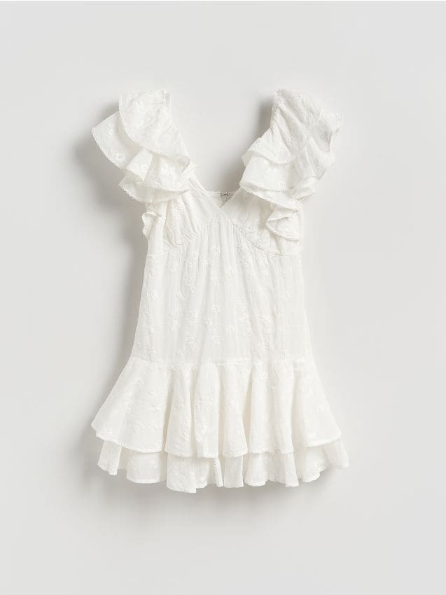 Reserved - Sukienka mini z haftem - złamana biel